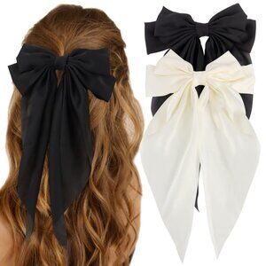 Women's White/Black Hair 2Pcs Big Ribbons Barrettes Hair Long Tail Bowknot Bows